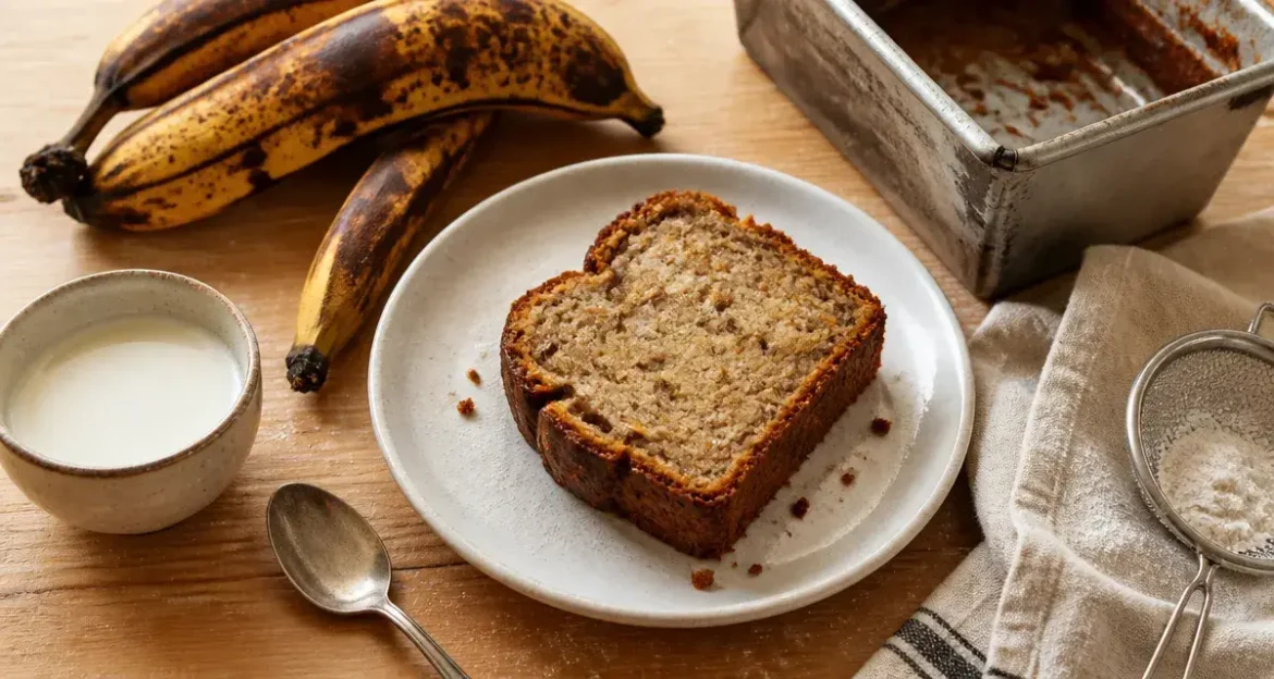 Banana bread ultra moelleux : tranche de gâteau aux bananes, miettes et lait ribot
