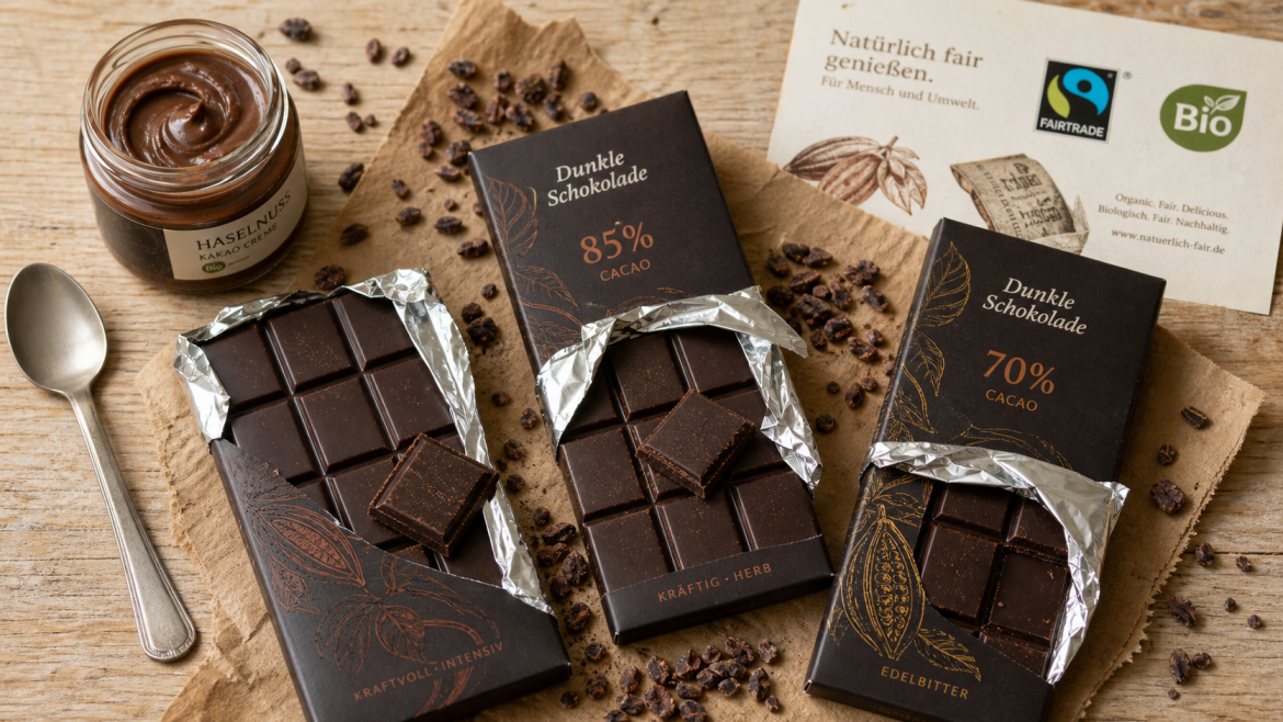 Chocolat Ivoria 70% cacao Fairtrade : tablettes noires et fèves