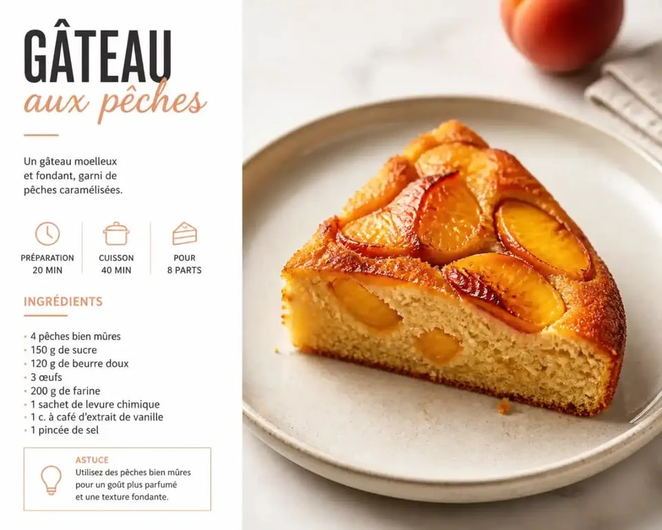 Gâteau aux pêches moelleux et facile servi sur une assiette