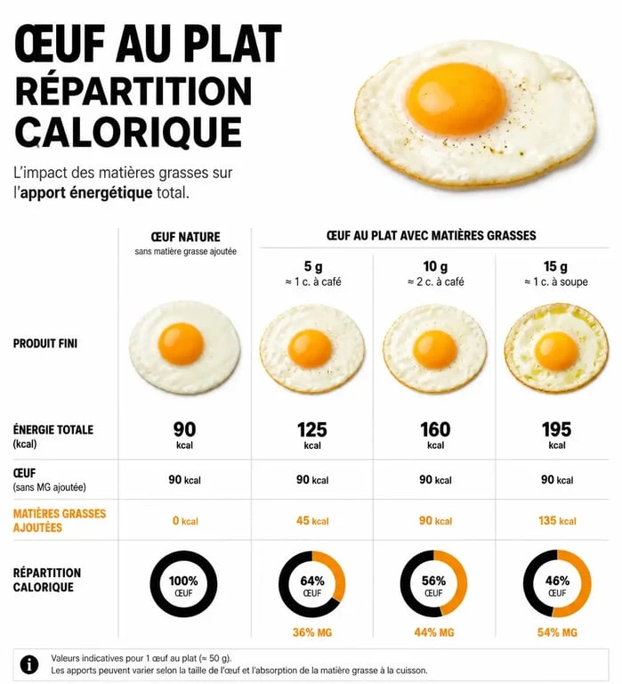 Infographie montrant les calories d'un œuf au plat selon la matière grasse utilisée