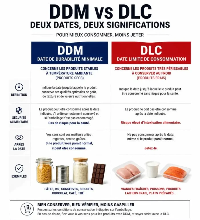 Infographie comparative DDM vs DLC pour savoir combien de temps consommer après la date de préférence