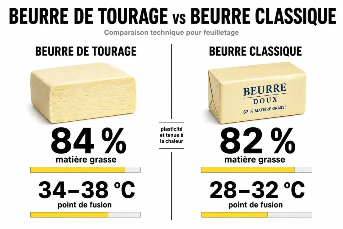 Infographie comparative des caractéristiques techniques du beurre de tourage et du beurre classique pour la pâtisserie.