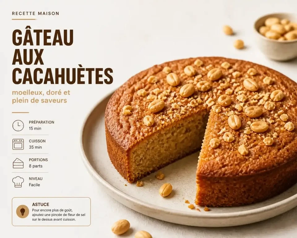 Gâteau aux cacahuètes moelleux et facile, recette maison présentée sur une assiette élégante.