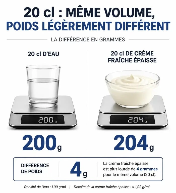 Infographie comparant le poids de 20 cl d'eau et 20 cl de crème fraîche épaisse pour comprendre la conversion en grammes