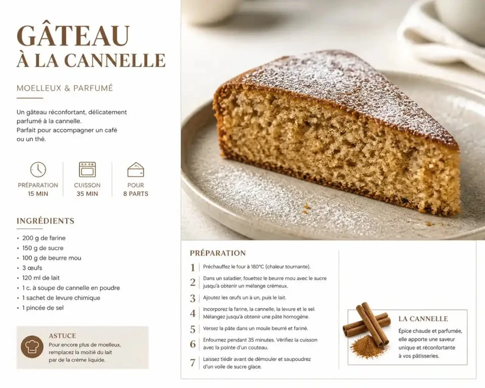 Gâteau à la cannelle facile et moelleux servi sur une assiette