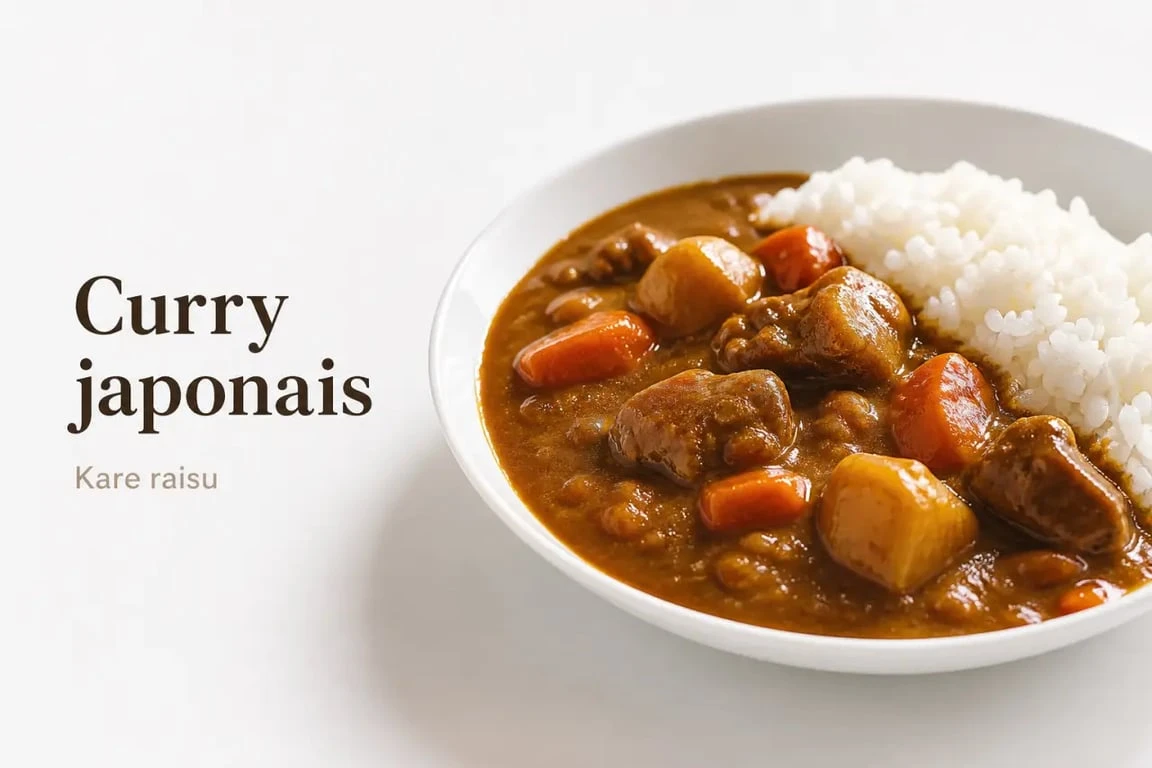 Recette curry japonais traditionnel servi avec du riz blanc dans une assiette creuse