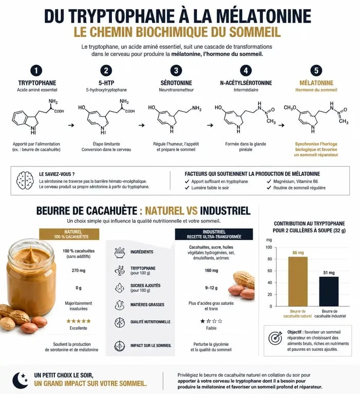 Infographie sur les bienfaits de manger du beurre de cacahuète le soir pour le sommeil et la santé