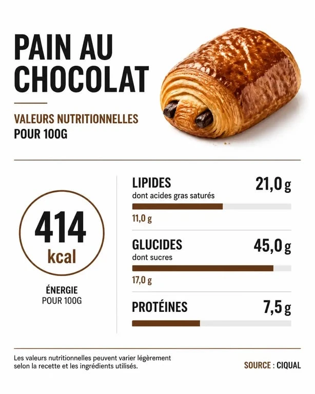 Infographie des valeurs nutritionnelles pour 100g de pain au chocolat de boulangerie