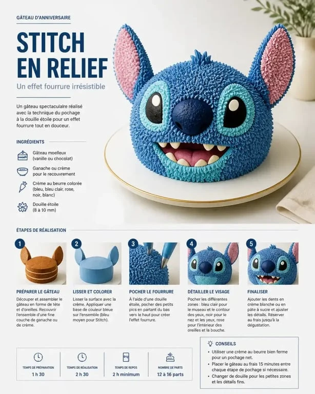Gâteau Stitch facile pour anniversaire, décoré avec une technique de pochage à la douille étoile