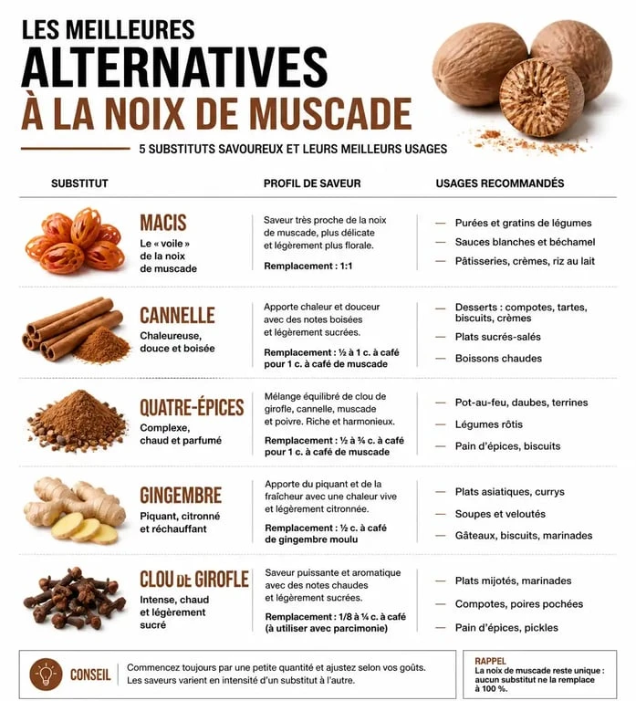 Infographie des substituts de la noix de muscade pour remplacer cet ingrédient dans vos recettes