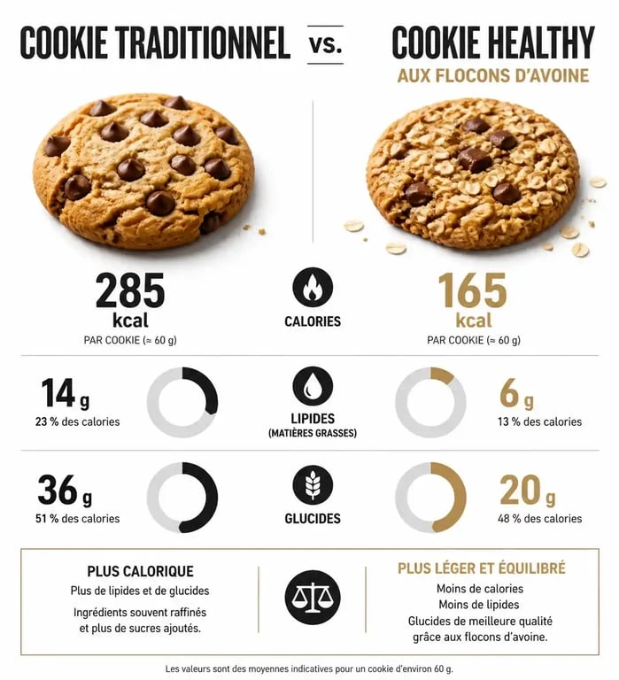 Comparaison nutritionnelle : calories d'un cookie maison traditionnel versus cookie healthy aux flocons d'avoine