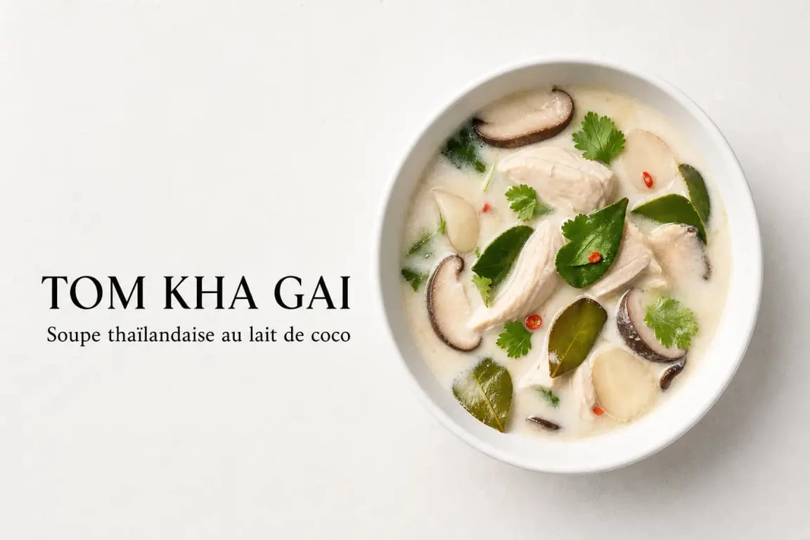 Bol de soupe thaï au lait de coco Tom Kha Gai avec poulet et herbes aromatiques