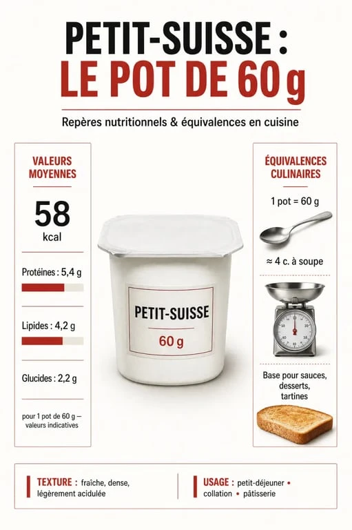 Infographie nutritionnelle et poids d'un petit suisse de 60 grammes