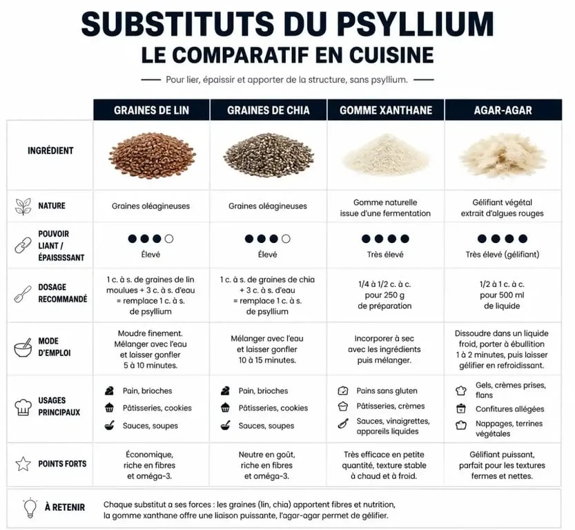 Tableau comparatif des alternatives au psyllium pour la cuisine sans gluten : lin, chia, gomme xanthane et agar-agar.