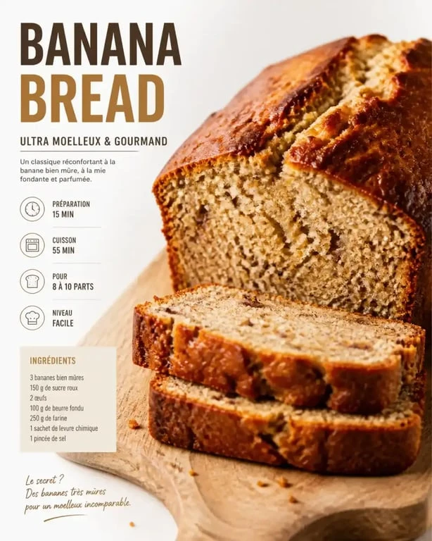 Banana bread ultra moelleux tranché sur une planche en bois