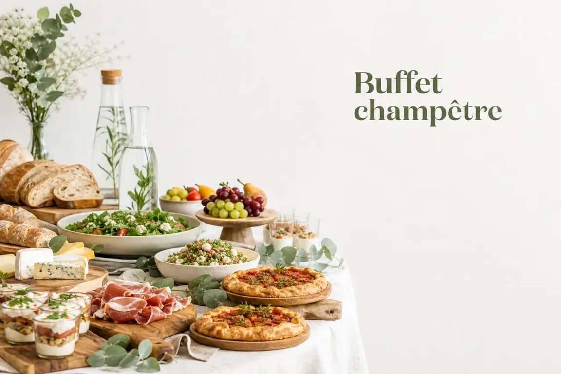 Idée de repas de mariage simple et pas cher présenté sous forme de buffet champêtre