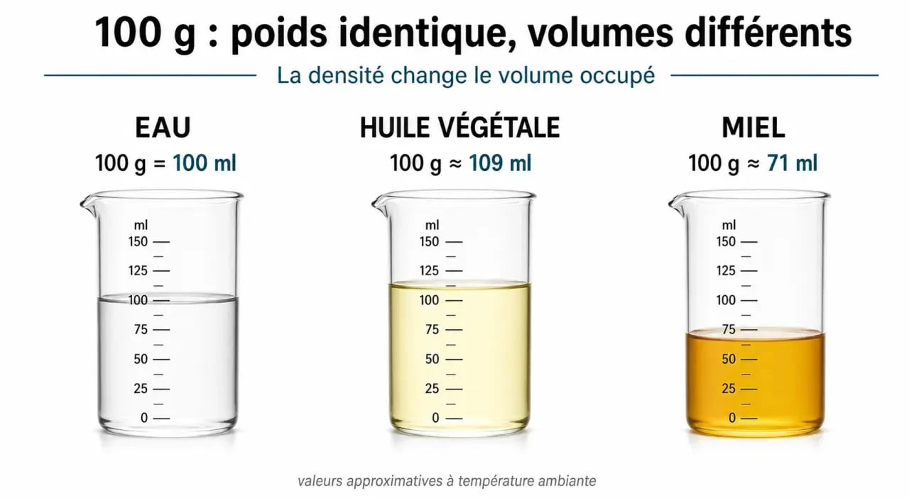 Infographie comparative de la conversion de 100g en centilitres pour différents ingrédients