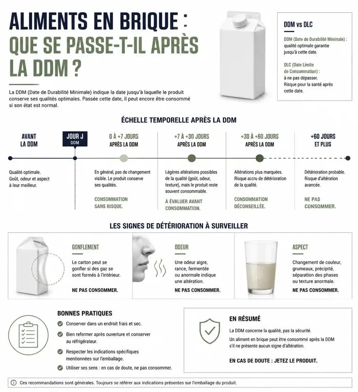Infographie sur la durée de consommation d'une soupe en brique périmée et signes de détérioration