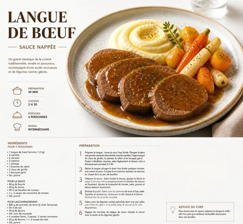 Assiette de langue de bœuf en sauce avec son accompagnement pour langue de bœuf traditionnel
