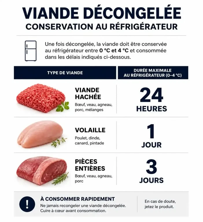 Infographie sur les durées de conservation de la viande décongelée au réfrigérateur pour garantir la sécurité alimentaire.