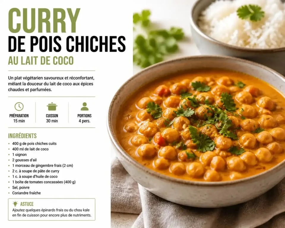 Recette végétarienne simple : curry de pois chiches au lait de coco dans un bol