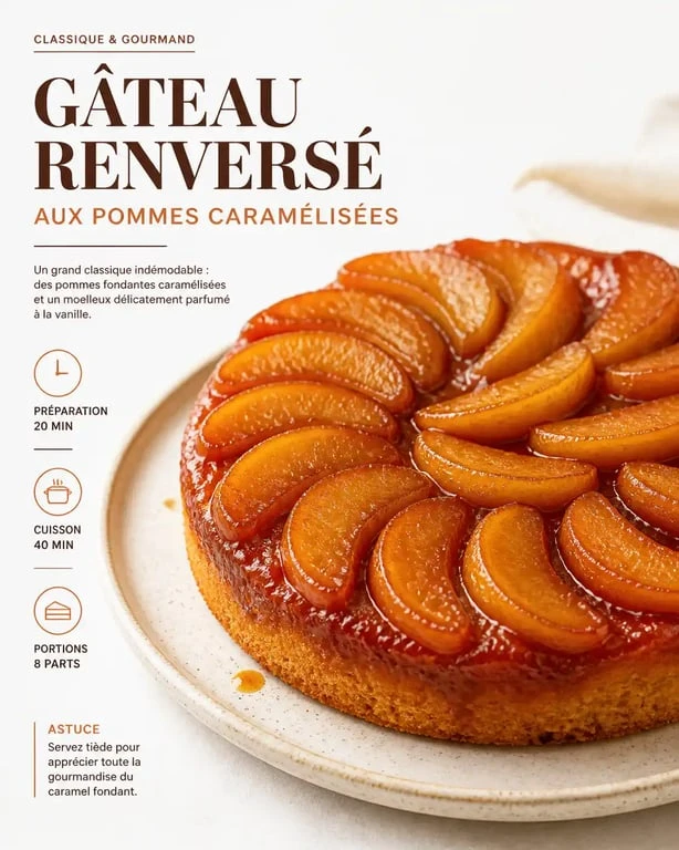 Gâteau renversé aux pommes, dessert en U, recette de gâteau renversé aux pommes caramélisées