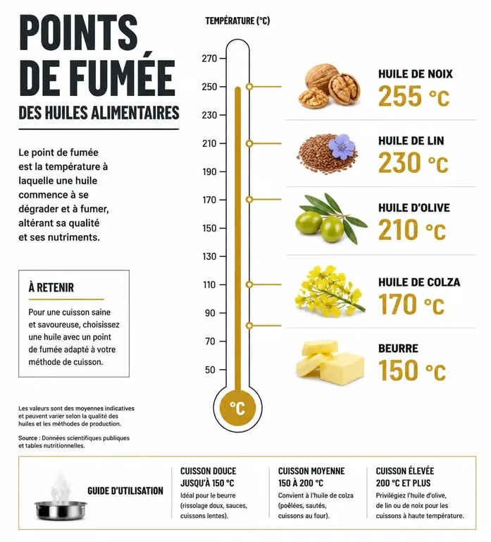 Infographie comparative des points de fumée des huiles alimentaires pour l'huile de noix cuisson