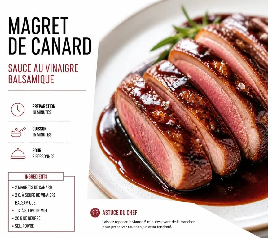 Magret de canard nappé d'une réduction au vinaigre balsamique, résultat de la technique de déglaçage au vinaigre