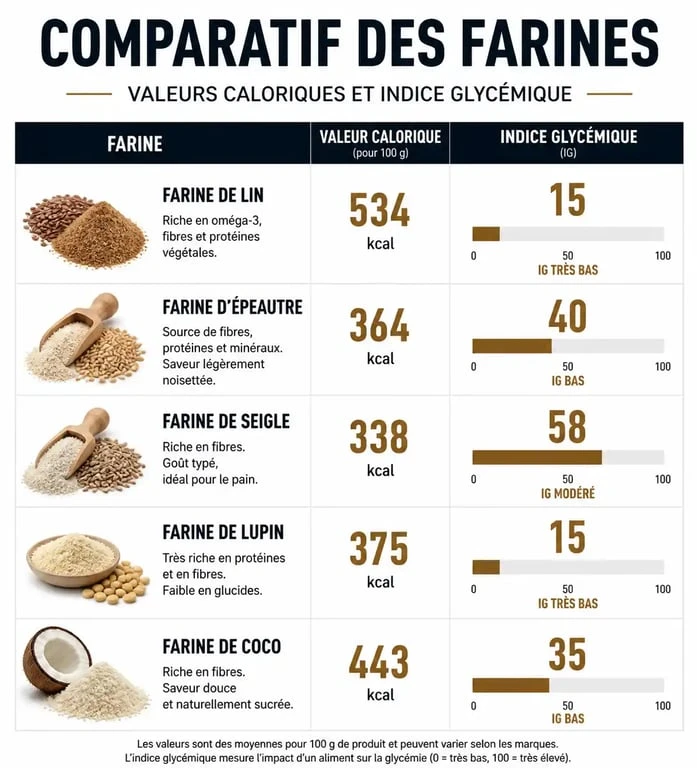 Comparatif des farines les moins caloriques : calories et indice glycémique pour choisir la meilleure farine pour la perte de poids.