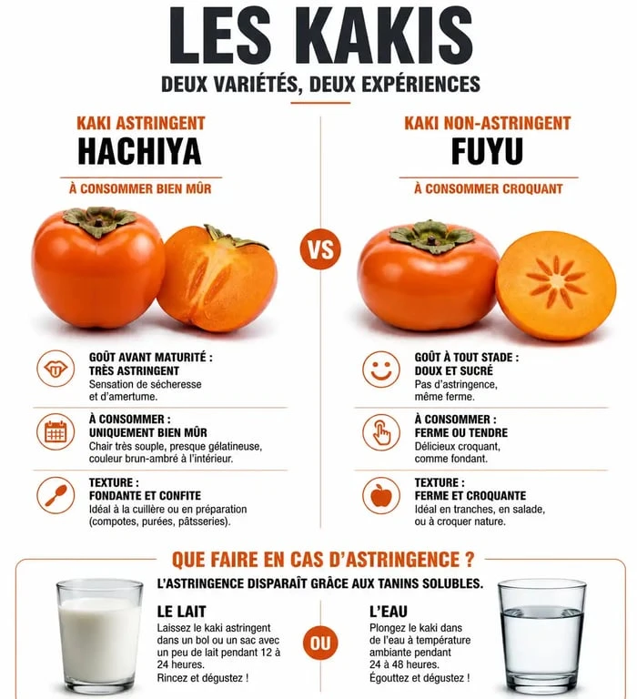 Infographie comparative des variétés de kakis et conseils sur que faire après avoir mangé un kaki astringent