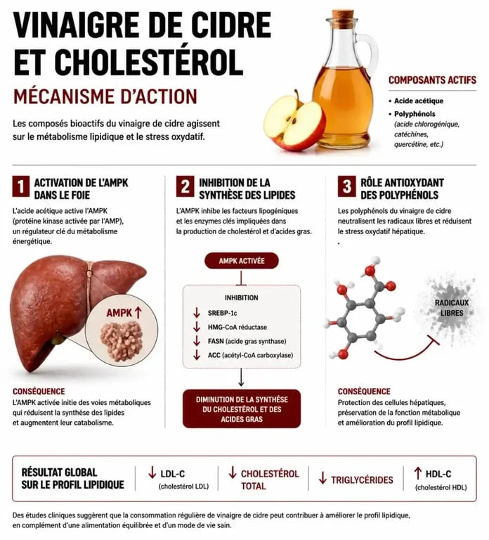 Infographie expliquant les bienfaits du vinaigre de cidre sur le cholestérol et le métabolisme des lipides