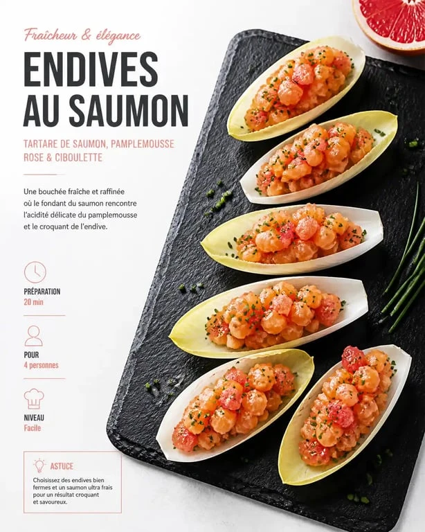 Feuilles d'endives garnies pour apéro au saumon et agrumes sur un plateau
