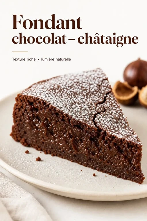 Gâteau châtaigne chocolat facile, part de gâteau fondant sur assiette