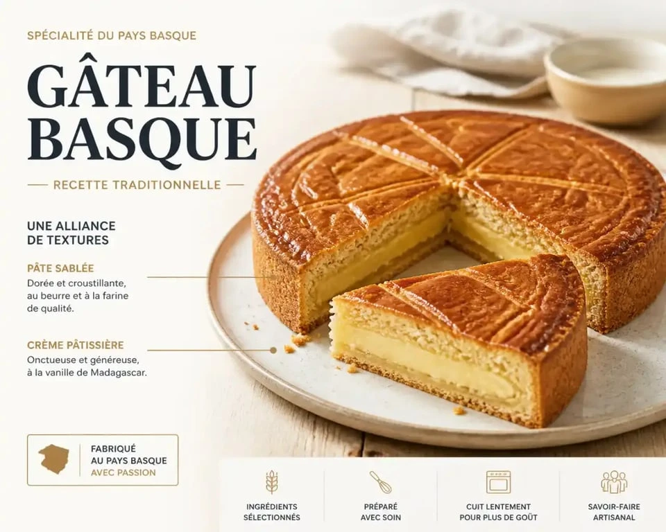 Gâteau basque traditionnel avec sa pâte sablée dorée et sa crème pâtissière onctueuse, recette gâteau basque facile.