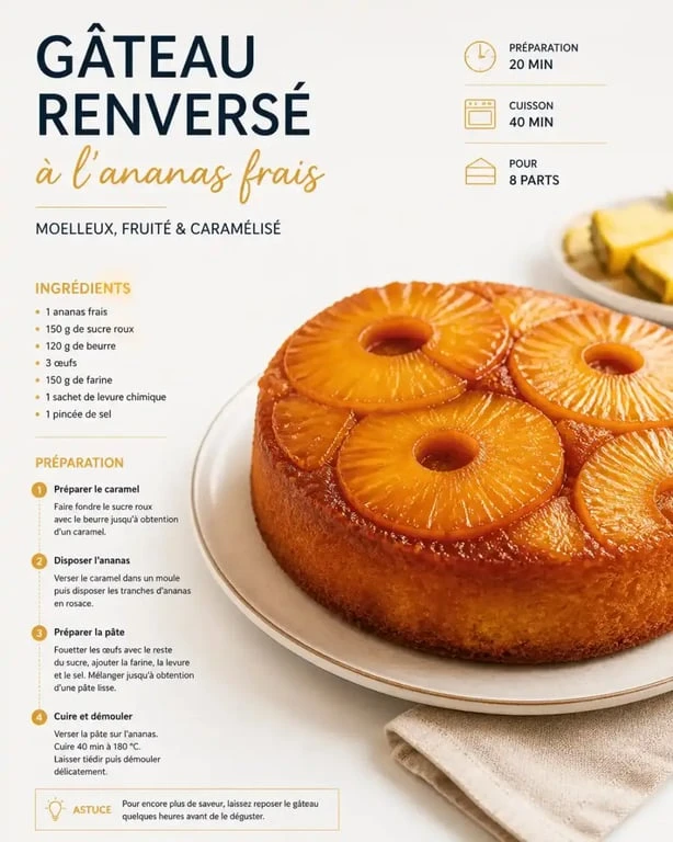 Gâteau renversé à l'ananas frais facile et moelleux sur une assiette