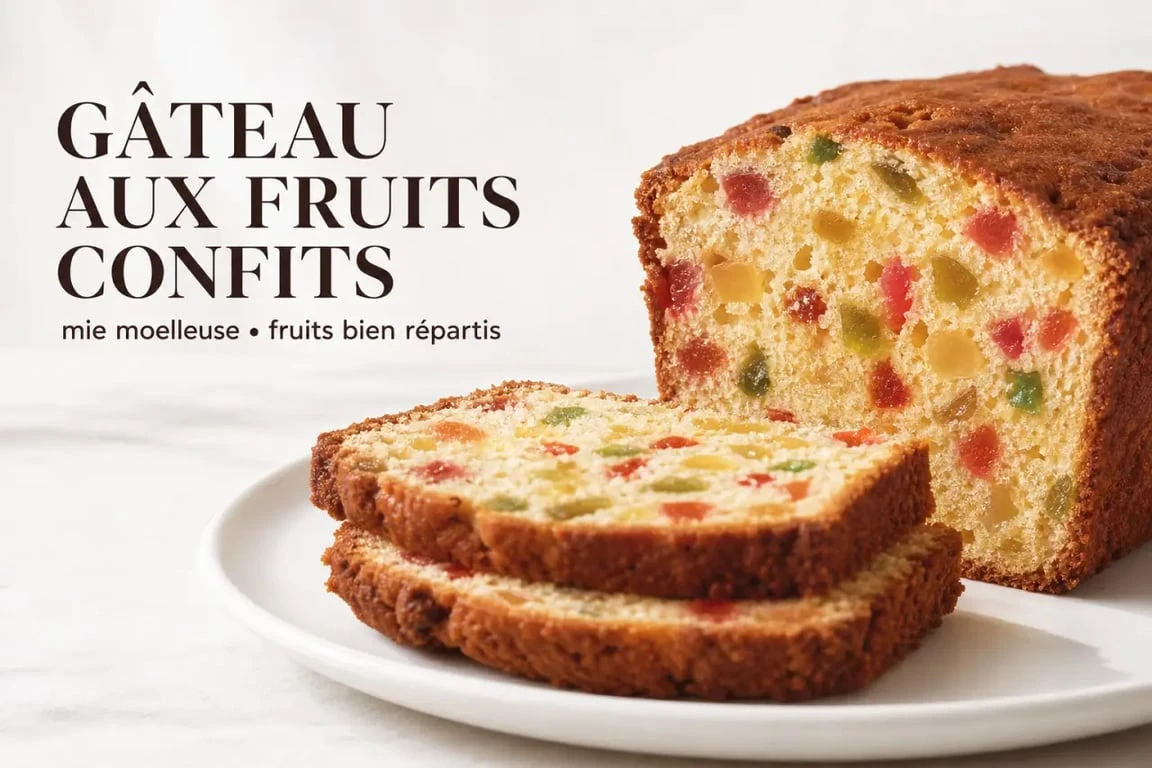 Recette de gâteau aux fruits confits facile, tranche de cake moelleux aux fruits confits sur une assiette
