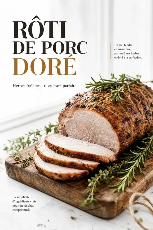 Rôti de porc doré et juteux cuit au air fryer, prêt à être découpé sur une planche en bois.