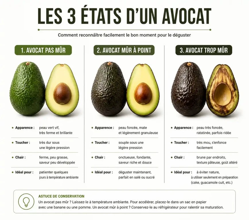 Infographie montrant comment savoir si un avocat est encore bon : signes visuels de maturité et de détérioration