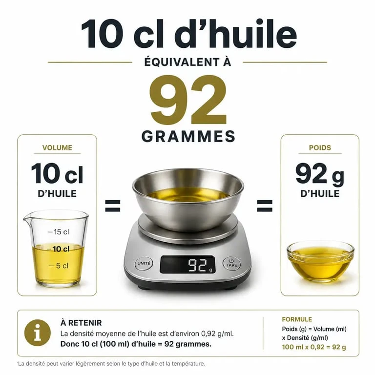 Infographie montrant la conversion de 10cl d'huile en grammes pour la cuisine