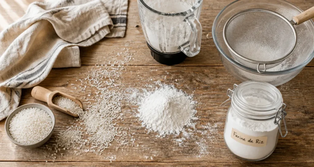 faire de la farine de riz maison sur plan de travail