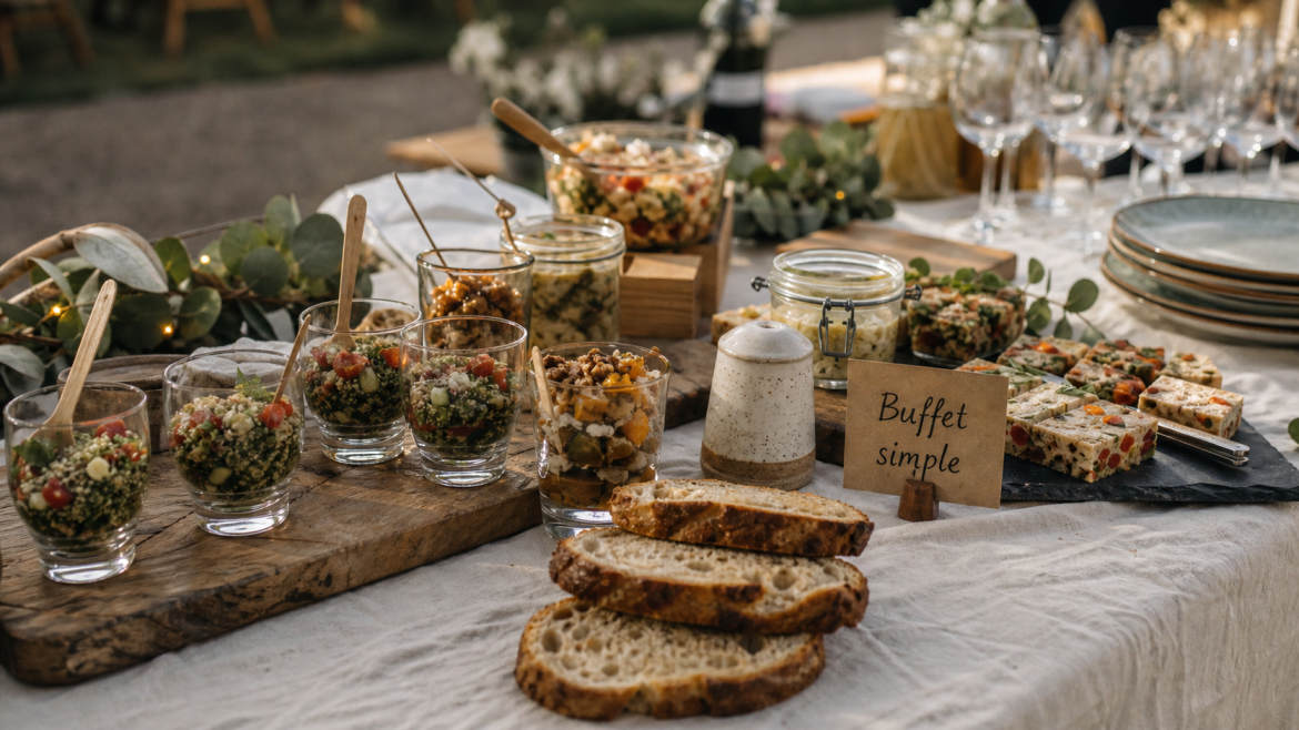 Idée repas mariage simple pas cher : buffet froid champêtre extérieur