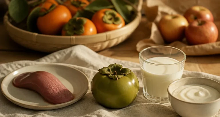 Kaki astringent : 3 gestes pour stopper l’amertume et éviter les risques digestifs J ai manger un kaki astringent que faire : kaki Hachiya ferme et trempage, lait et yaourt