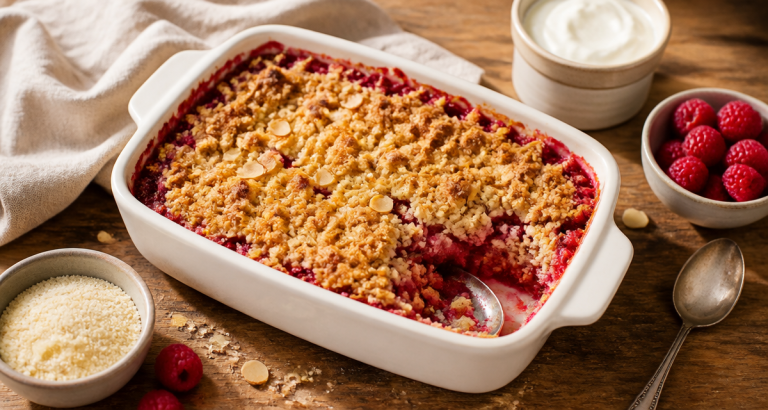 Crumble framboise et poudre d’amande : 3 secrets pour une texture ultra-croustillante recette crumble framboise poudre amande en plat sortant du four