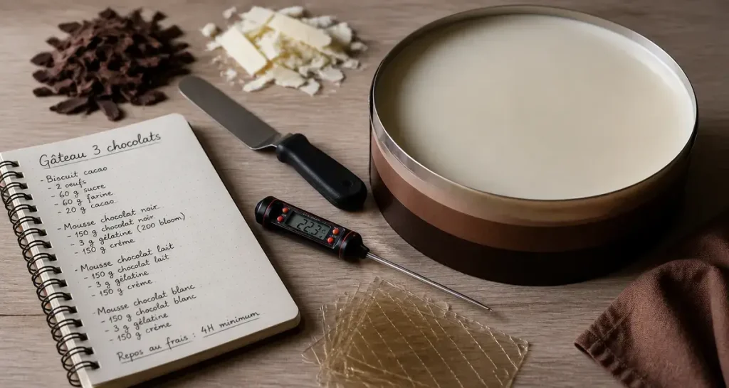 Recette gâteau 3 chocolat facile : entremets 3 mousses nettes noir lait blanc