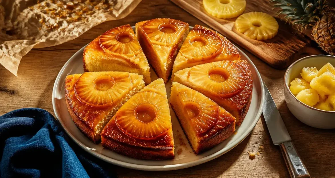 Recette gâteau ananas frais facile : gâteau renversé caramel à sec, ananas caramélisés, moelleux.