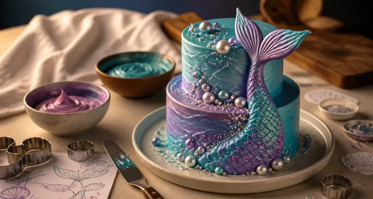 Recette gâteau sirène facile : gâteau à étages queue écaille bleu et mauve