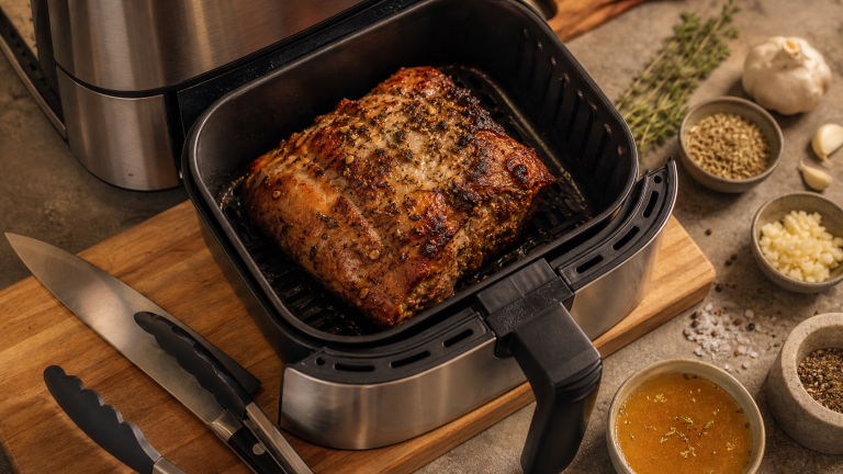 Rôti de porc au air fryer, juteux et doré, sorti de l’air fryer