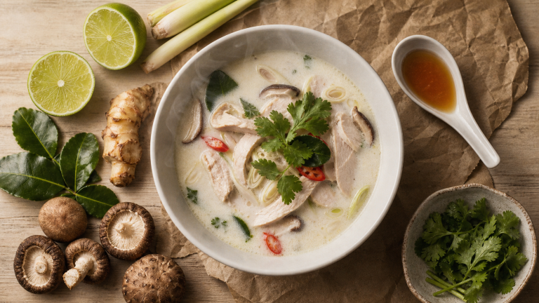 Soupe lait de coco thai onctueuse au poulet, bol avec citron vert et citronnelle