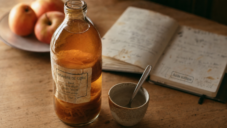Vinaigre de cidre pour cholesterol : bouteille avec mère et eau tiède