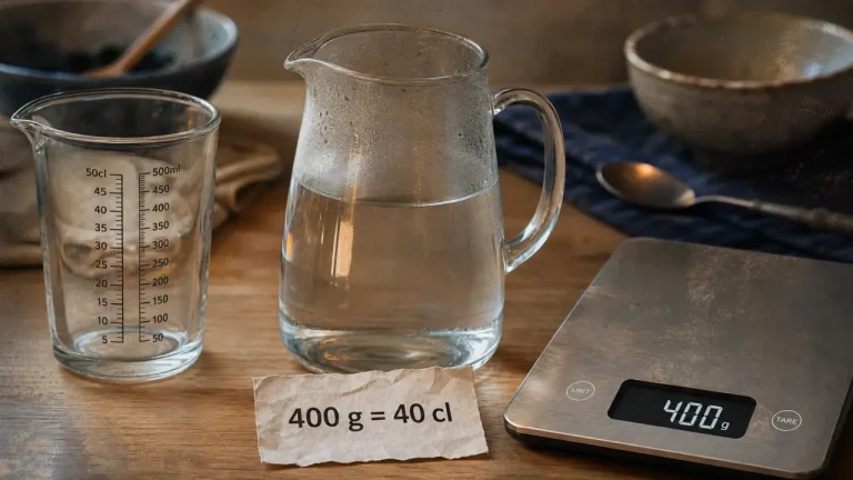 400 g en cl : 40 cl pour l’eau, pas pour tous les ingrédients 400g en cl : 400 g = 40 cl d’eau